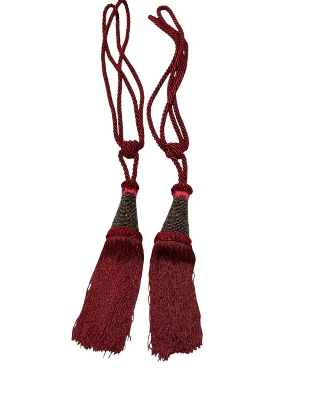 Pair of Vintage Burgundy Beaded Curtain Tiebacks Decorative Tassel Drapery Holdb